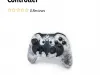 Black logo on a white controller.